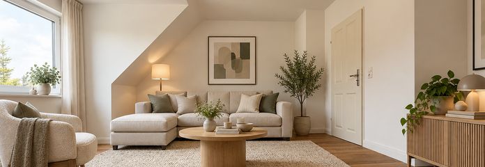 Etagen-Wohnung mit Reihenhaus-Charakter: kernsaniert, hell, Top-Schnitt, gut angebunden & im Grünen – Wohnzi-Einrichtungsbsp-KI