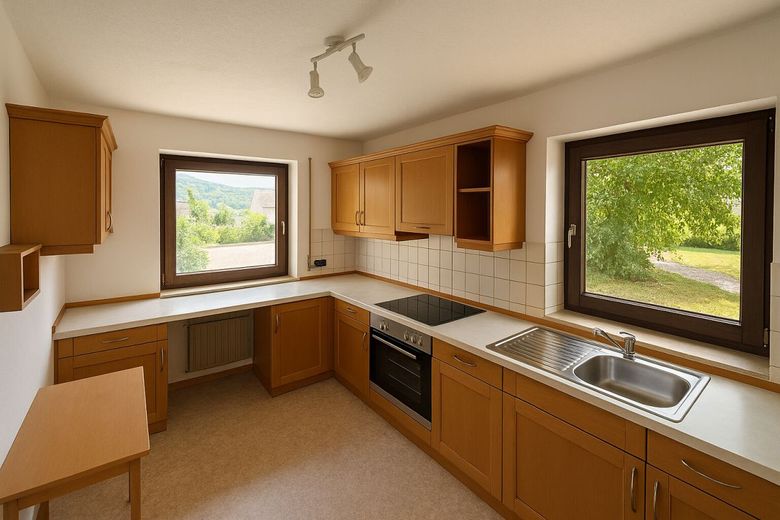 PROVISIONSFREI für Käufer! 5-Zimmer-Wohnung in Bestlage bei Coburg mit atemberaubendem Fernblick – Virtuelles, realistisches Homestaging der Küche in der unteren Wohnung
