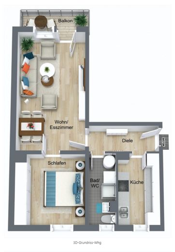 Verfügbarkeit ab 15.09.2026 – Charmante, teilmöblierte 2-Zimmer-Wohnung mit Westbalkon – 3D-Grundriss