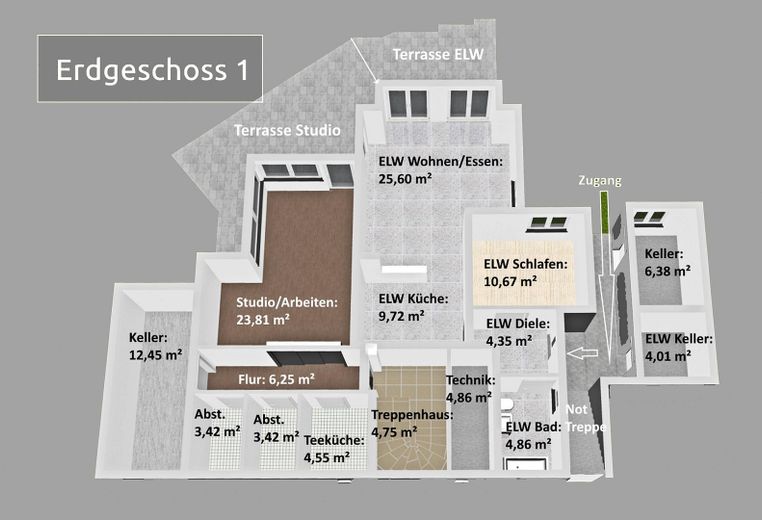 Panoramablick & Platzwunder: ca. 285m² Architektenhaus (Energie B), Einliegerwohnung & Praxis-Loft – Erdgeschoss 1  mit ELW
