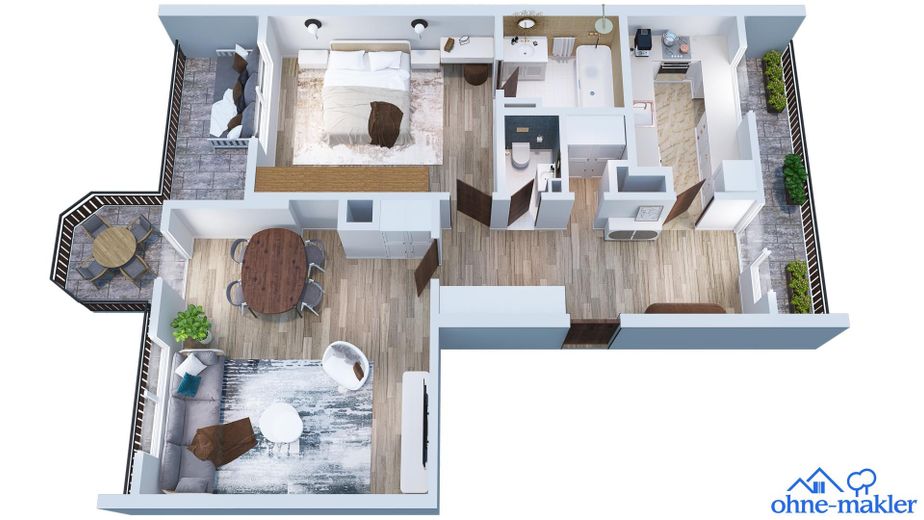 شقة مشرقة في الطابق العلوي مع شرفتين وإمكانات كبيرة للتصميم في ميونخ – 3D-Grundriss