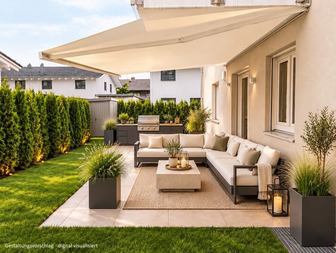 „Yaşam için bol alan – iki kat, özel bahçe, Münih yakınlarında sakin bir yaşam“ – Terrasse mit Garten