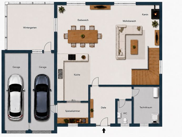 Modernes Einfamilienhaus mit Wintergarten, Doppelgarage und liebevoll angelegtem Garten in Schwendi – Grundriss Erdgeschoss