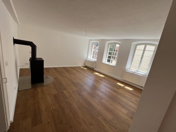 Traumhaftes Wohnen am Marktplatz: kernsanierte 4-Zimmer-Wohnung mit Kaminofen & Gartennutzung – Wohnzimmer