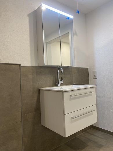 58 m² - Effizienzhaus - Erstbezug - Balkon - Aufzug - Sauna - Luftkurort - Rothaargebirge – Waschbecken mit Spiegelschrank