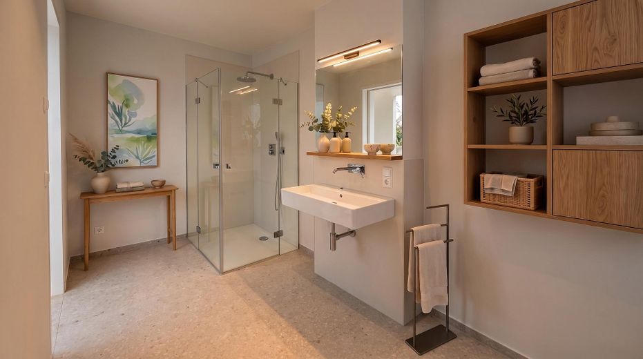 Regenerativ Heizen & Kühlen: Exclusiver Neubau in Alt-Köpenick – vom Eigentümer (Mietkauf möglich) – Bad - Blick zur Dusche
