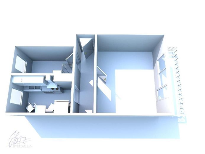 ***AB SOFORT ZU VERKAUFEN*** 1-Raumwohnung mit großzügigem Balkon, Einbauküche und Tageslichtbad mit Dusche – 3D-Ansicht