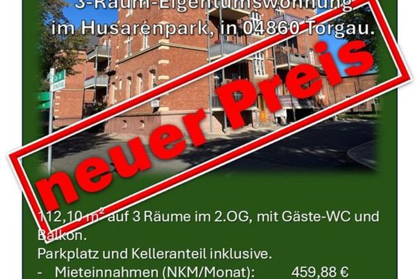 Сдаваемая 3-комнатная квартира в собственности с гостевым туалетом и балконом, в Хусаренпарке, 04860 Торгау
