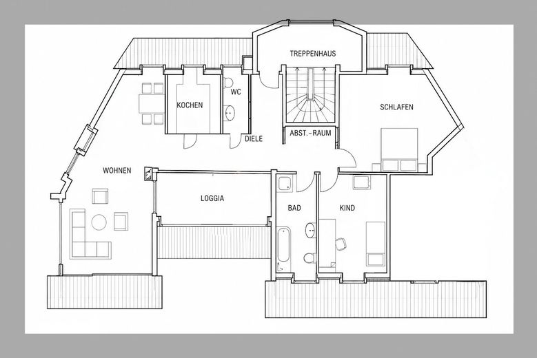Schöne 3-Zimmer DG Wohnung mit modernisierter Küche und Balkon – Schematischer Grundriss