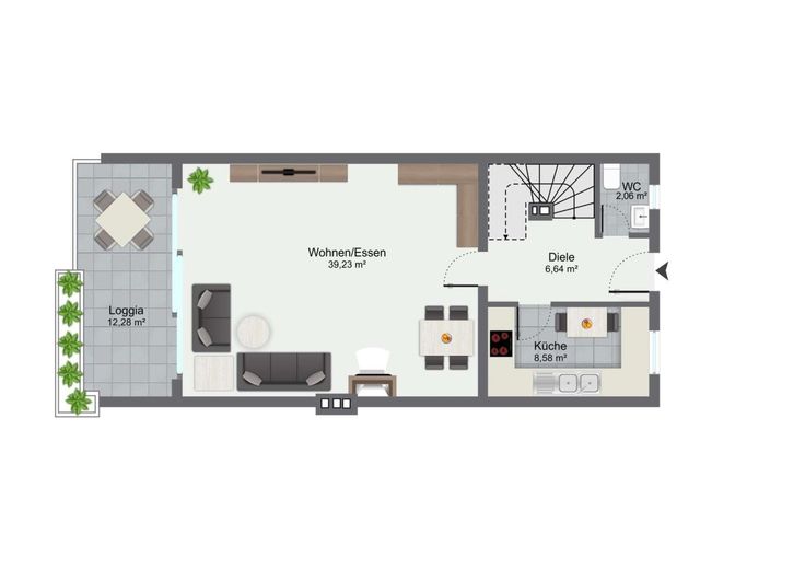 Stilvolle Maisonette-Wohnung mit zwei Balkonen und Kamin in begehrter Lage von Düsseldorf – Grundriss 1. OG