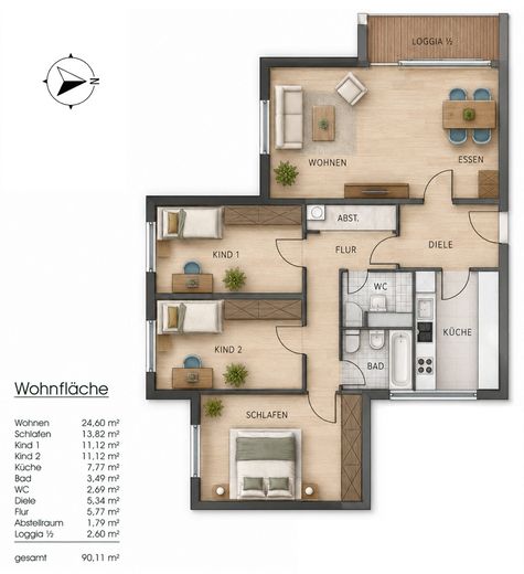 Beaucoup d’espace pour vos idées : 4 pièces avec loggia exposée ouest – sans commission à Hummelsbüttel – Grundriss HP links