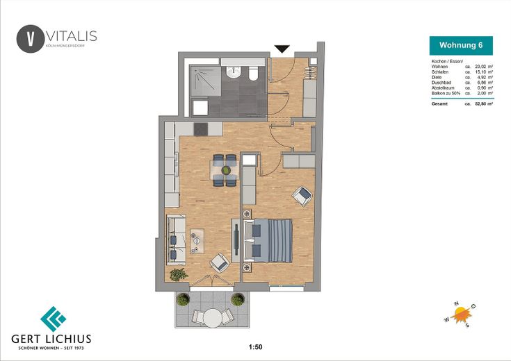 Moderne 2-Zimmer-Wohnung mit Süd-Balkon in Köln Müngersdorf – Grundriss