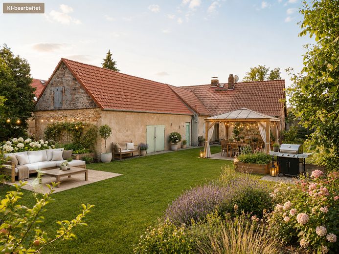 Klinker, Garten, Werkstattglück: Ein Zuhause für Nestbauer und Macher – Garten - KI Visualisierung