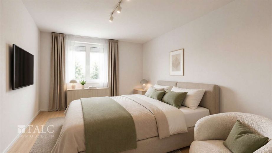 Moderne 4-Zimmer-Wohnung mit Balkon, Aufzug und Tiefgaragenstellplatz – Schlafzimmer - KI