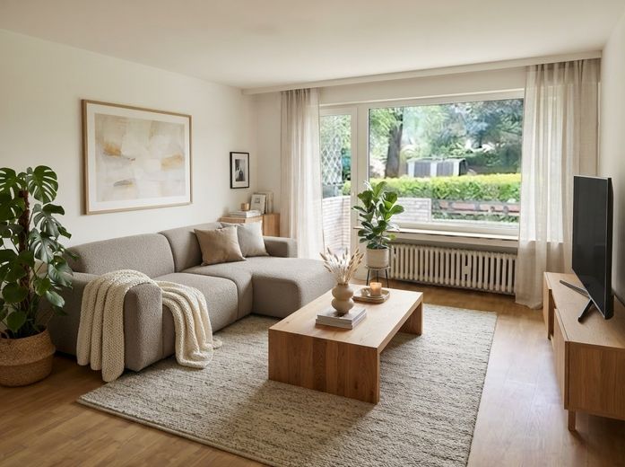 Wohntraum in Hilden! Modernisierte 3 Zimmer EG Wohnung mit Balkon, Gartennutzung und Stellplatz – Wohnzimmer Homestaging
