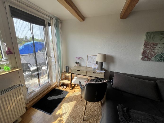2.5-room attic apartment with large balcony & view of the greenery in Bochum-Harpen – Wohnzimmer Blick Balkon