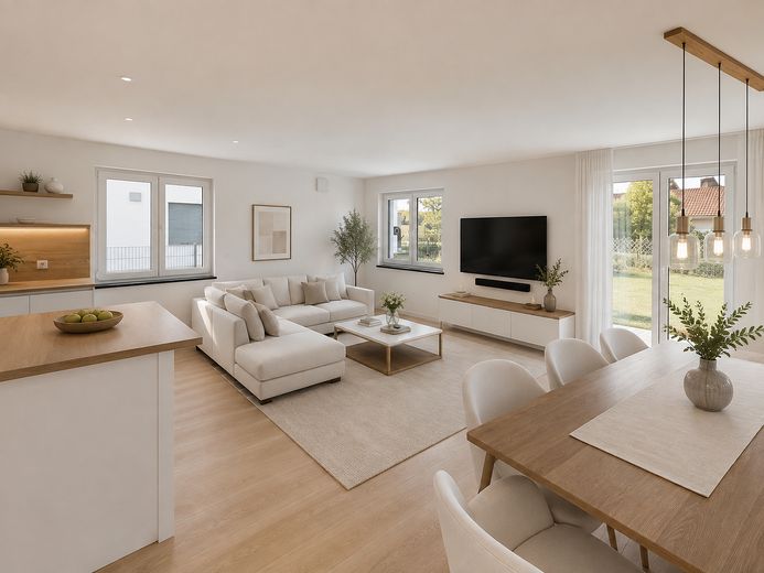 JETZT EINZIEHEN – Exklusive Neubau-DHH mit sonniger Terrasse | Sofort bezugsfertig – Wohnzimmer