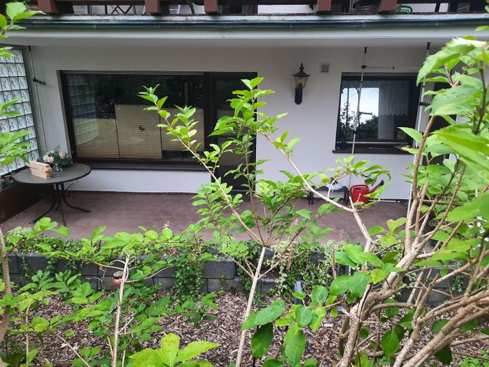 2,5 locali, vicino al bosco e alla Ruhr, terrazza di 14 m², bagno: vasca + doccia separata, pavimenti in parquet di legno massello – Terrasse vor Wohnen und Küche