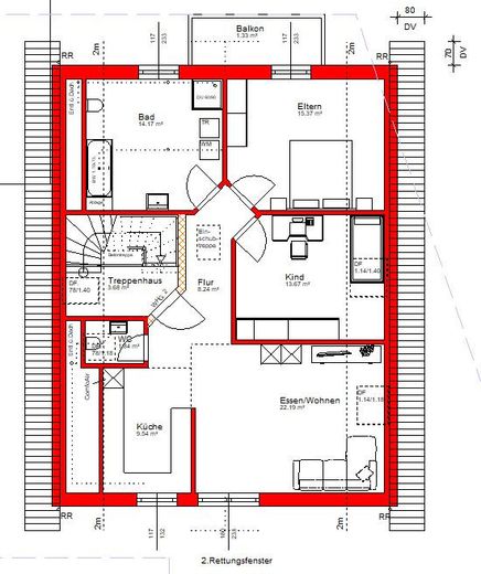 3-Zimmer-Wohnung Dachgeschoss – Grundriss, Kniestock 1 Meter