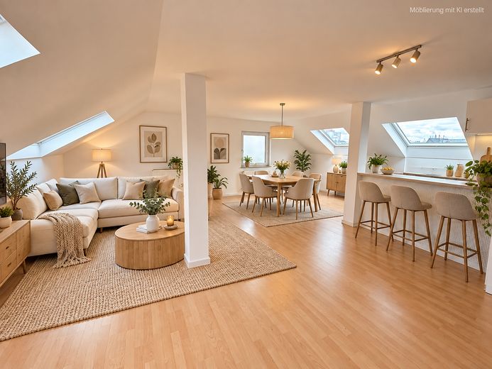 Bright 2-room attic apartment with fitted kitchen in a central location – Beispiel Möblierung mit KI
