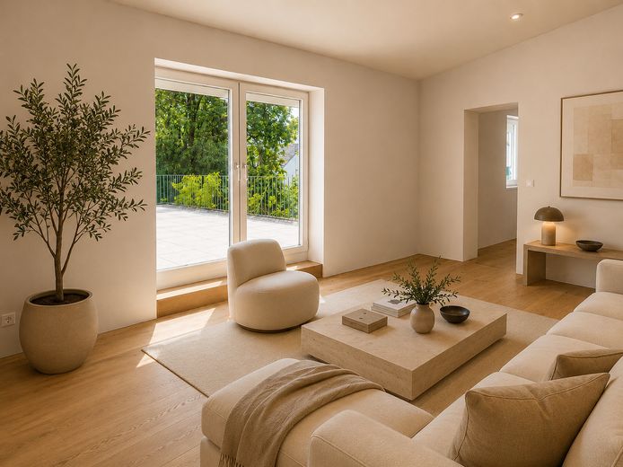 Pierwsze zamieszkanie bez prowizji – 2 pokoje z tarasem na dachu w Neubiberg – Wohnzimmer_visualisiert