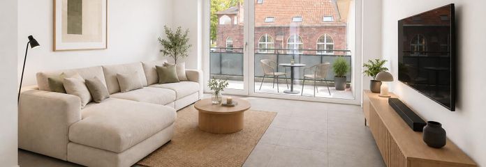 PRIMA OCCUPAZIONE - Appartamento di 2 locali in posizione privilegiata, comfort e atmosfera nella nuova costruzione presso la Klingenburg – Wohnzimmer KI generiert