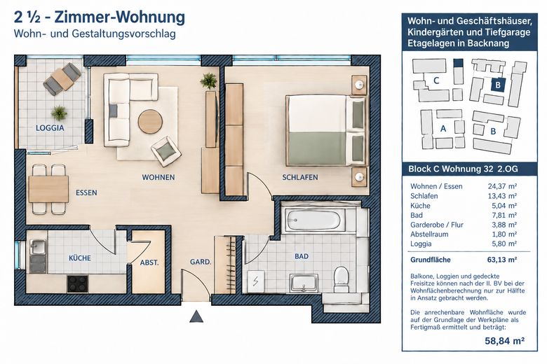 Lichtdurchflutete 2,5-Zimmer-Wohnung mit Loggia und Blick ins Grüne – GRUNDRISS