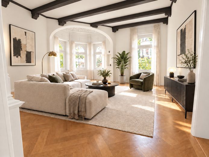 Stadtvilla mit Gartenidyll in Bestlage von Nymphenburg-Neuhausen – Visualisierung Wohnzimmer 