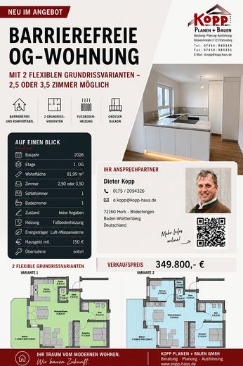 Barrierefreie OG-Wohnung mit 2 flexiblen Grundrissvarianten – 2,5 oder 3,5 Zimmer möglich – Flyer erstellt mit KI 