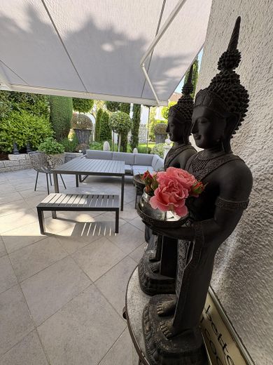 Escl. piano terra HH /appartamento e apt., garage, giardino, camino, RISCALDAMENTO NUOVO PREZZO SU RICHIESTA – Terrasse m. Markise Grau