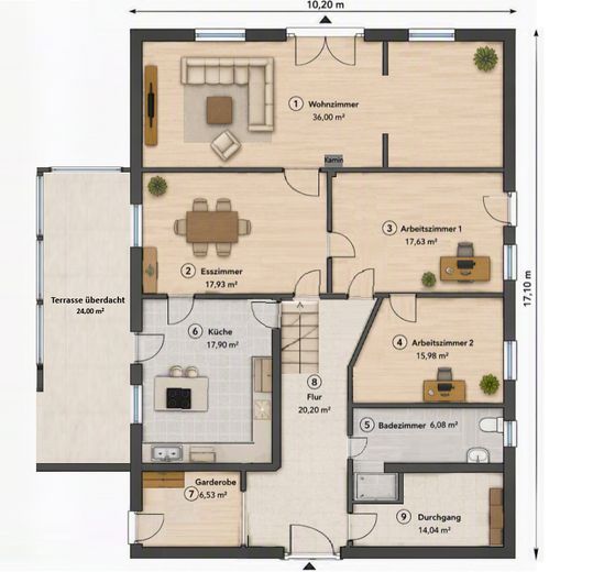 Casa de campo para artesanos y aficionados a los caballos: 2 viviendas, 670 m² de superficie útil – Grundriss - Wohnhaus EG