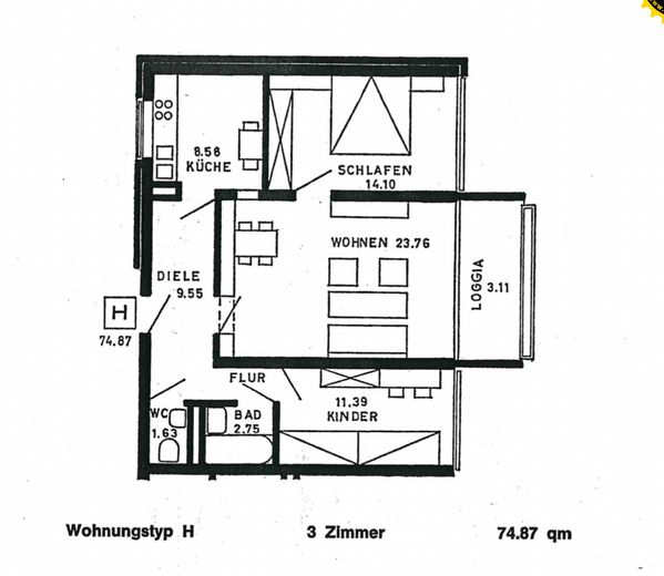Lichtdurchflutete 3 Zimmer Wohnung mit eigenem Tiefgaragenstellplatz zu verkaufen – Grundriss