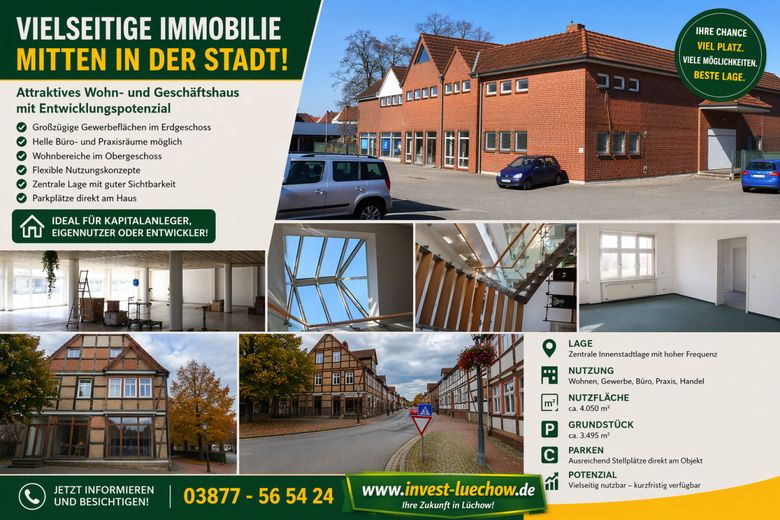 Gewerbeimmobilie im Zentrum von Lüchow (Wendland) ca. 4.050 m² Nutzfläche | 3.495 m² Grundstück | provisionsfrei vom Eigentümer – invest-luechow.de Übersicht