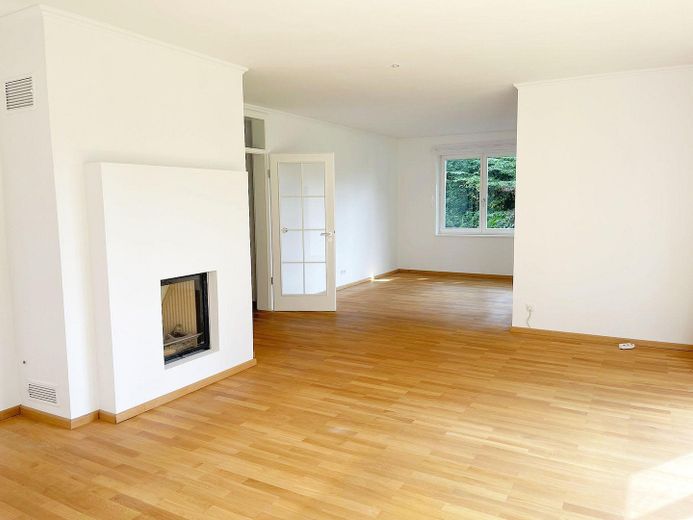 Wohnen, wo Hamburg zur Elbe hinabsteigt – Wohnzimmer mit Kamin