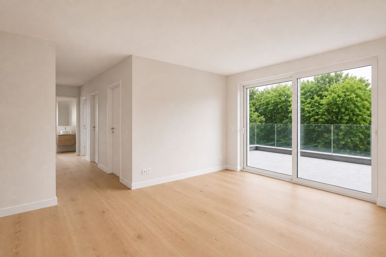 Wohnen über den Dingen – exklusives Penthouse mit Dachterrasse und traumhaftem Waldblick – Wohn-/ Essbereich visualisiert