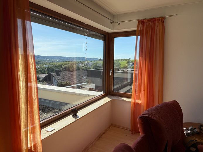 4 Zimmer mit Aussicht – Terrasse, Wärmepumpe, Garage und Stellplatz inklusive – Ausblick Wohnzimmer