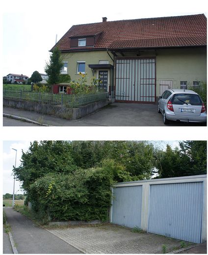 Charmantes Fachwerkhaus in ruhiger Ortsrandlage mit Scheune, Doppelgarage und großem Grundstück – Hausansicht O und Doppelgarage