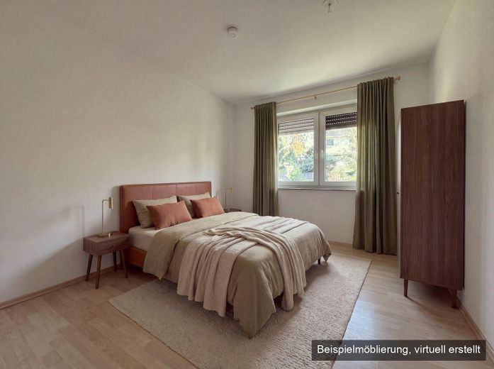 Helle 3-Zimmer-Erdgeschosswohnung mit Terrasse, Garten und Fußbodenheizung, Stellplätze optional – Schlafzimmer (KI-möbliert)
