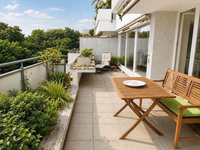 Großzügige Dachterrassenwohnung mit zusätzlichem Balkon in Haar – Dachterrasse mit Grünblick