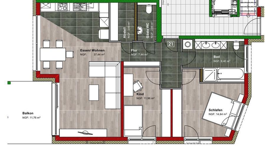 1. piętro nowoczesne mieszkanie 3,5-pokojowe z windą, zabudowaną kuchnią, zadaszonym balkonem, pomieszczeniem gospodarczym i WC dla gości – Grundriss