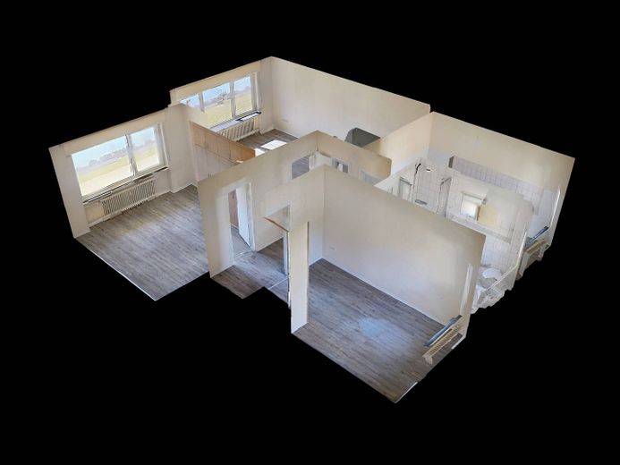 Komfortabel im Erdgeschoss: Helle 3-Zimmer-Wohnung mit Tageslichtbad (Wanne + Dusche) – 3D-Ansicht Grundriss