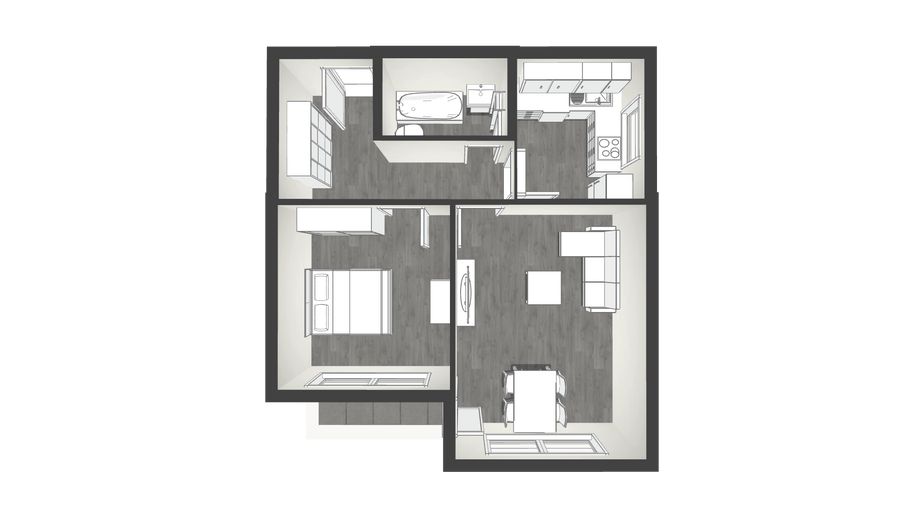 Мебльована 2-кімнатна квартира з ліфтом і балконом на 4-му поверсі – 3D Grundriss