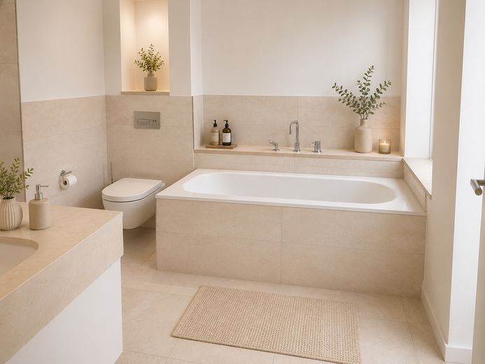 Exklusive 4-Zimmer-Residenz mit Südbalkon & Concierge im Gerling Quartier | Sofort bezugsfrei – En Suite Badezimmer mit Wanne 