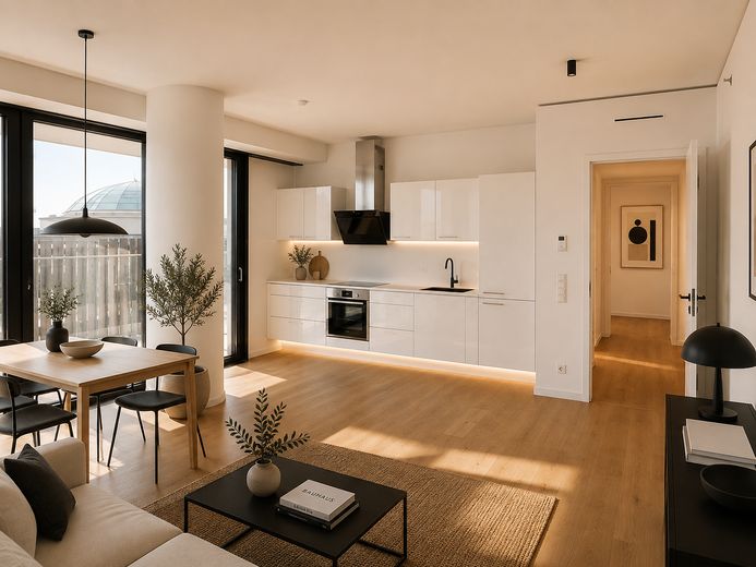 Elegante 4-kamer-eigenaarswoning in de Grand Tower – exclusief wonen boven de daken van Frankfurt – Wohn-Essbereich mit Möbel KI