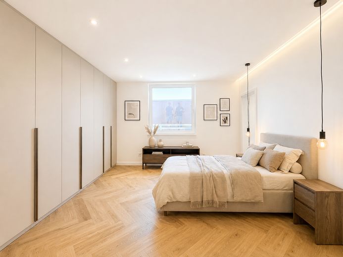 Exklusiver Wohntraum über Köln: Penthouse mit spektakulärer 97 m² Dachterrasse, Provisionsfrei – Schlafzimmer (KI-möbliert)