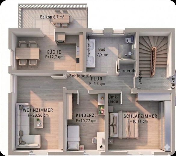 Frisch Saniert/Renovierte 3 Zi Whg in Gaggenau-Ottenau – 3D Grundriss