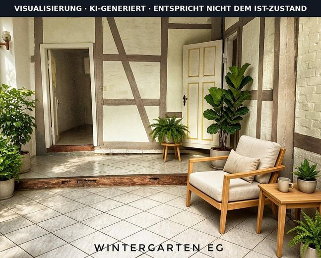 Maison à colombages avec cour intérieure, atelier et garage – vieille ville d’Uelzen, sans commission – Wintergarten (KI visualisiert)