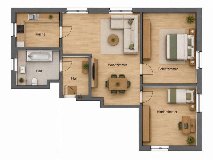 شقة مشرقة من 3 غرف في ريمبتندورف – حوالي 80 م² في الطابق الأول – Grundriss skizziert