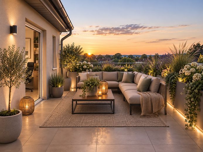 Casa bifamiliare, classe energetica A+, pompa di calore, ottime condizioni, vista aperta a ovest – Garage Dachterrasse