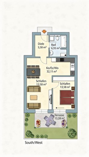 Appartement en copropriété haut de gamme de 2 pièces avec terrasse et place de parking en sous-sol – Grundriss